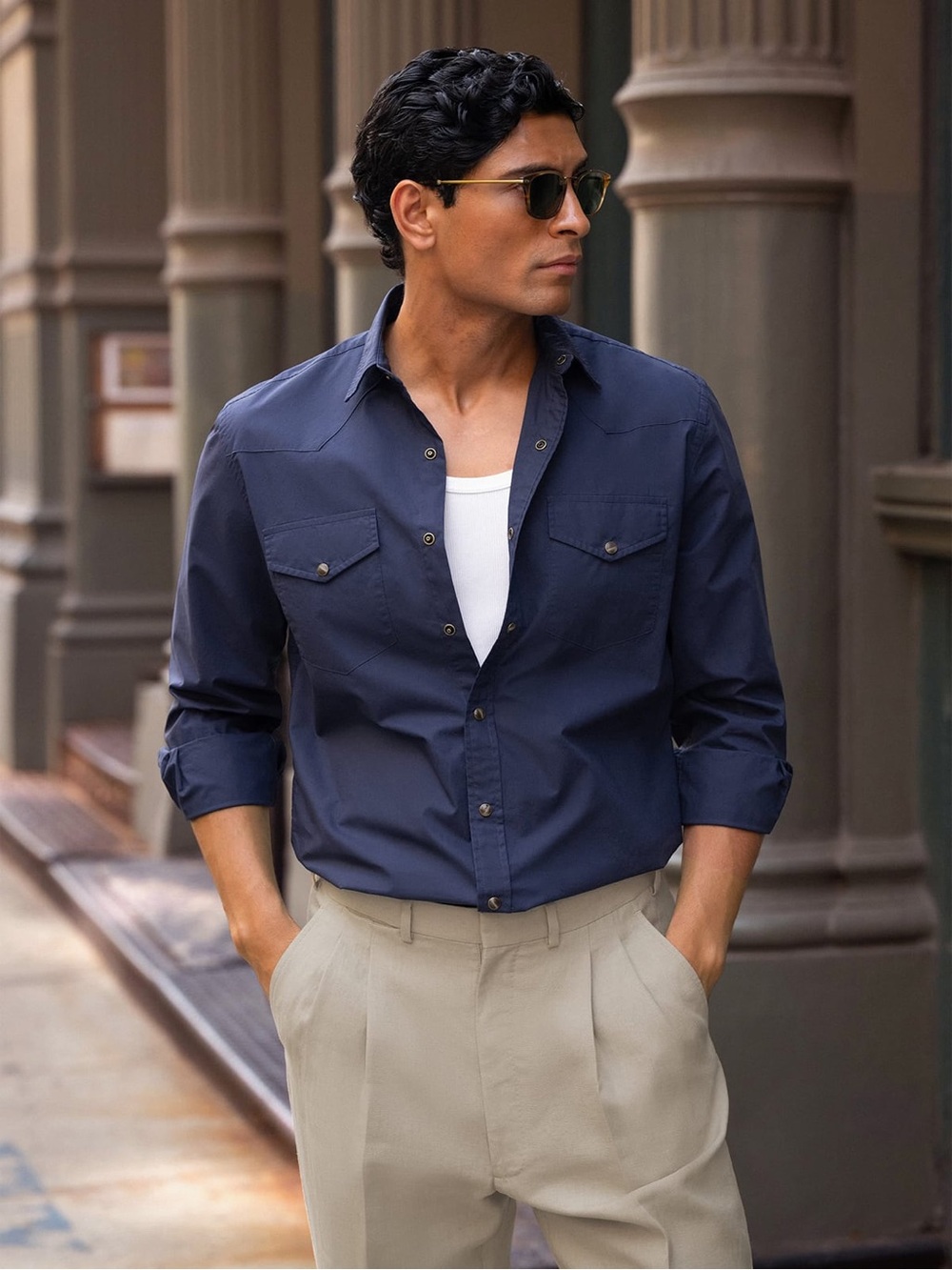 Proper Cloth The Washed Poplin Wool Western Shirt Navy 19.5 Smart Casual Preppy